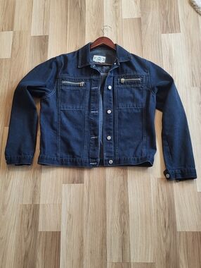 Vintage Dark Indigo Denim Jacket with Zip Chest Pockets